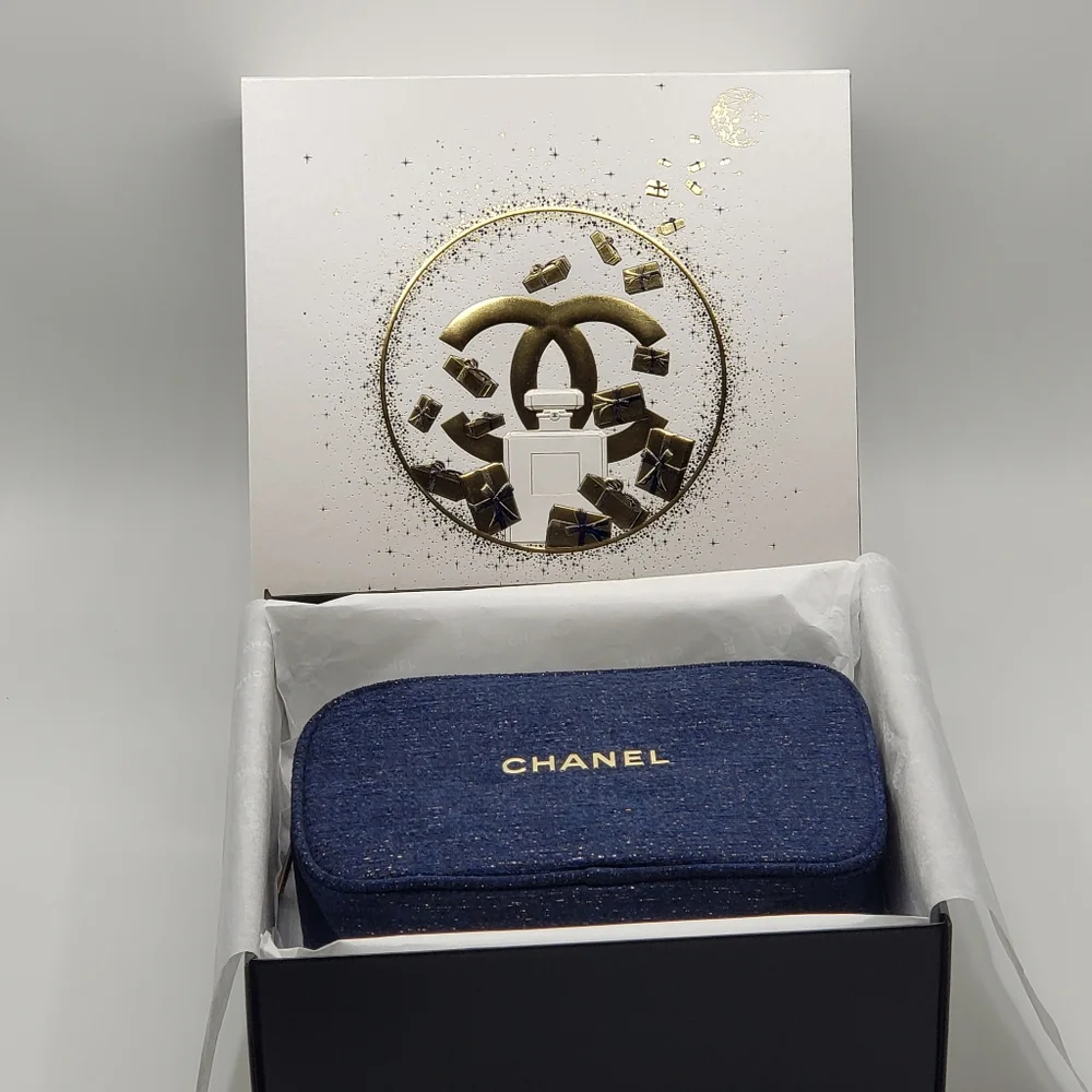 Authentic Chanel Cosmetic Bag Blue Gold Gift Box